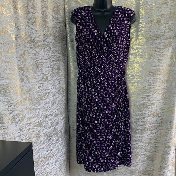 Ralph Lauren Purple Geometric Print Jersey Sheath Faux Wrap Dress Size 4 - Picture 3 of 14